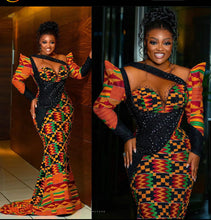 Load image into Gallery viewer, Embellished African Kente Mermaid Gown. Customised Wedding Guest Dresses. RESERVED for Mariam Seck.