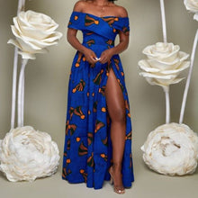 Load image into Gallery viewer, Women's Ankara Maxi Dress| Dashiki Women's Clothing| Off-Shoulder Attire|Cross Cape| Prom Gown| Wedding Guest Clothing| Black Stars Handmade (Copy)