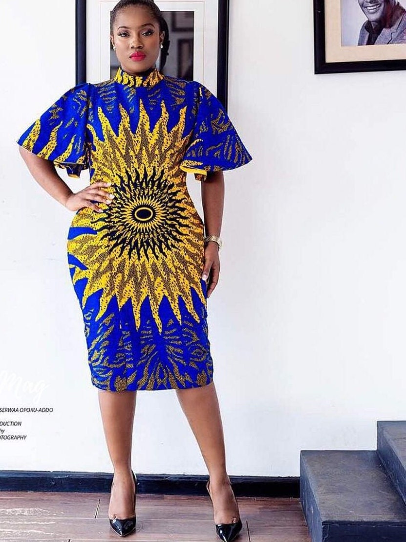 Women's African Clothing. Ankara Short Gown. African Print Dress. Royal Blue and Gold. African Party Dress. Wedding Guest Dress. 2