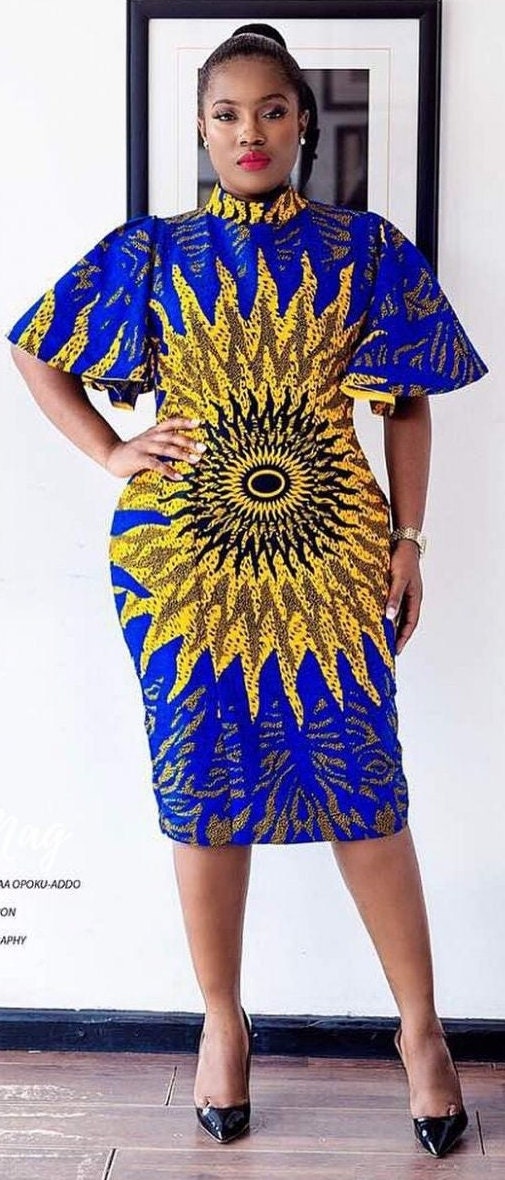 Women's African Clothing. Ankara Short Gown. African Print Dress. Royal Blue and Gold. African Party Dress. Wedding Guest Dress. 2