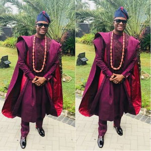 African Three-Pieces Suit | Wine Agbada Luxury Suit| Embroid Wedding Suit | Wedding Guest Clothing