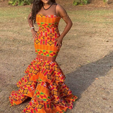 Load image into Gallery viewer, African Kente Dress For Women| Dashiki Women's Clothing| Africa Print Wedding Gown| Prom Gown| Wedding Guest Clothing| Black Stars Handmade