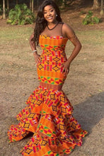 Load image into Gallery viewer, African Kente Dress For Women| Dashiki Women's Clothing| Africa Print Wedding Gown| Prom Gown| Wedding Guest Clothing| Black Stars Handmade