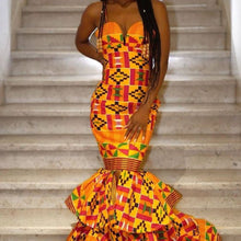 Load image into Gallery viewer, Women's African Clothing| African Kente Print Clothing| Afro Wedding Dress| Prom Gown| Wedding Guest Clothing| Dashiki| Black Stars Handmade