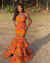 Load image into Gallery viewer, African Kente Dress For Women| Dashiki Women's Clothing| Africa Print Wedding Gown| Prom Gown| Wedding Guest Clothing| Black Stars Handmade