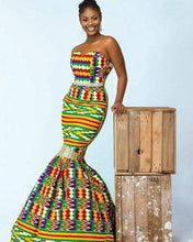 Load image into Gallery viewer, African Kente Dress For Women| Dashiki Women's Clothing| Kente Print Wedding Gown| Prom Gown| Wedding Guest Clothing| Black Stars Handmade