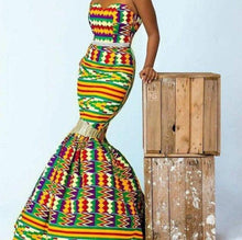 Load image into Gallery viewer, African Kente Dress For Women| Dashiki Women's Clothing| Kente Print Wedding Gown| Prom Gown| Wedding Guest Clothing| Black Stars Handmade
