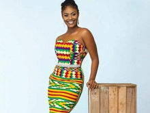 Load image into Gallery viewer, African Kente Dress For Women| Dashiki Women's Clothing| Kente Print Wedding Gown| Prom Gown| Wedding Guest Clothing| Black Stars Handmade