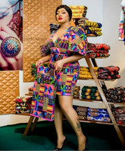 Load image into Gallery viewer, African Kente Dress| African Women&#39;s Clothing| Purple Kente Mini Dress| Puff Sleeve Dress| Wedding Guest Clothing| Black Stars Handmade