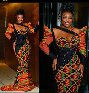 Embellished African Kente Mermaid Gown. Customised Wedding Guest Dresses. RESERVED for Mariam Seck.