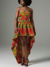 Load image into Gallery viewer, Women&#39;s African Clothing. Asymmetrical Ankara Short Gown. African Kente Print Dress. African Party Dress. African Wedding Guest Dress.