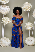 Load image into Gallery viewer, Women&#39;s Ankara Maxi Dress| Dashiki Women&#39;s Clothing| Off-Shoulder Attire|Cross Cape| Prom Gown| Wedding Guest Clothing| Black Stars Handmade (Copy)