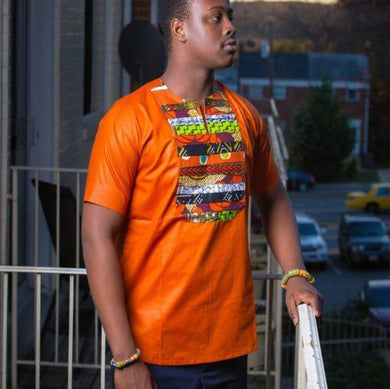 Africa Men Shirt| Orange Ankara Top| Dashiki Mens Shirt| Men's Summer Outfit| African Casual Wear| African Party Shirt| Black Stars Handmade