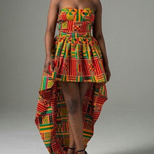 Load image into Gallery viewer, Women&#39;s African Clothing. Asymmetrical Ankara Short Gown. African Kente Print Dress. African Party Dress. African Wedding Guest Dress.