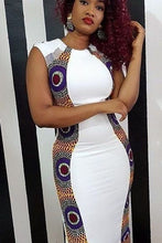 Load image into Gallery viewer, Women&#39;s African Clothing. White Dashiki Short Gown. African Print Dress. Stretch and Ankara Mix. African Party Dress. Wedding Guest Dress.