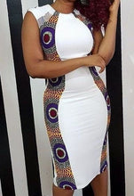 Load image into Gallery viewer, Women&#39;s African Clothing. White Dashiki Short Gown. African Print Dress. Stretch and Ankara Mix. African Party Dress. Wedding Guest Dress.