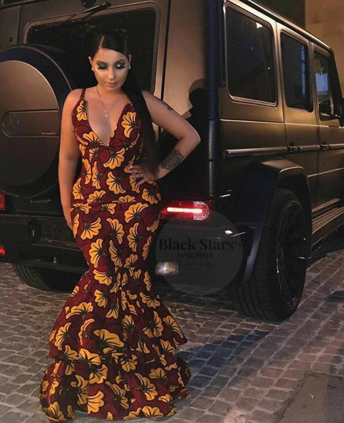 African Long Dress| African Women's Clothing| Ankara Mermaid Gown| Wedding Guest Clothing| Red and Yellow| Dashiki| Black Stars Handmade