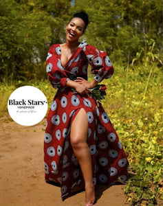African Clothing| Ankara Maxi Gown| Women's Long Dress| Exaggerated Puff Sleeve| Wedding Guest Clothing| Dashiki| Black Stars Handmade