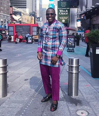 Mauve Men's African Dashiki Clothing for Prom, Weddings and Parties | Afro Dress Shirts and Pants | Checked Caftan