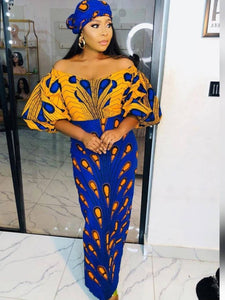 Blue and Yellow African Fabric Long Dress with Big Sleeves