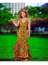 Load image into Gallery viewer, Kente Mermaid Gown| Wedding Guest Attire| Three Tier Long Dess| Prom| Bridesmaid Outfit| Africa Wedding| Dashiki| Kitenge| Kente| Blooms