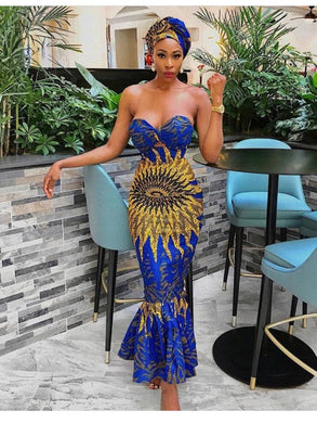 Blue and Gold African Mermaid Gown for Wedding Guests