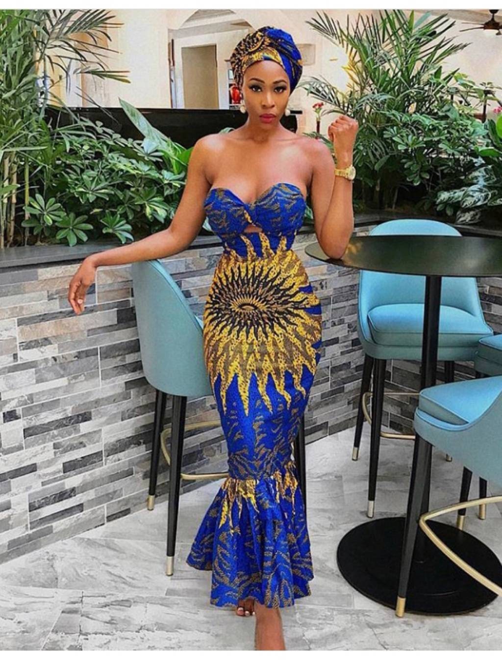 Blue and Gold African Mermaid Gown for Wedding Guests 4
