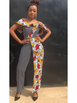 Womens African Clothing| Wedding Guest Attire| Ankara Off Shoulder Cape Jumpsuit| Bridesmaid Outfit| Asymmetric Half-Half Design| Dashiki