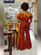 Load image into Gallery viewer, Womens African Clothing| Off Shoulder Wedding Guest Attire| Ankara Mixed Print Jumpsuit| Bridesmaid Outfit| Africa Wedding| Dashiki Bloom