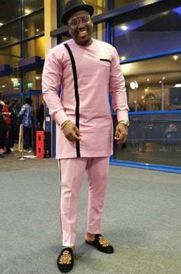 Baby Pink and Black Men African Dashiki Clothing for Prom, Weddings and Parties | Afro Dress Shirts and Pants | Senator's