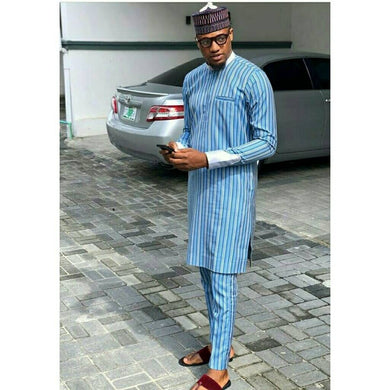 Blue Stripe African Clothing for Men| Dashiki Dress Suit| Ankara Mens Clothing| Wedding Guest Attire|  African Groom Outfit| Groomsmen Shirt