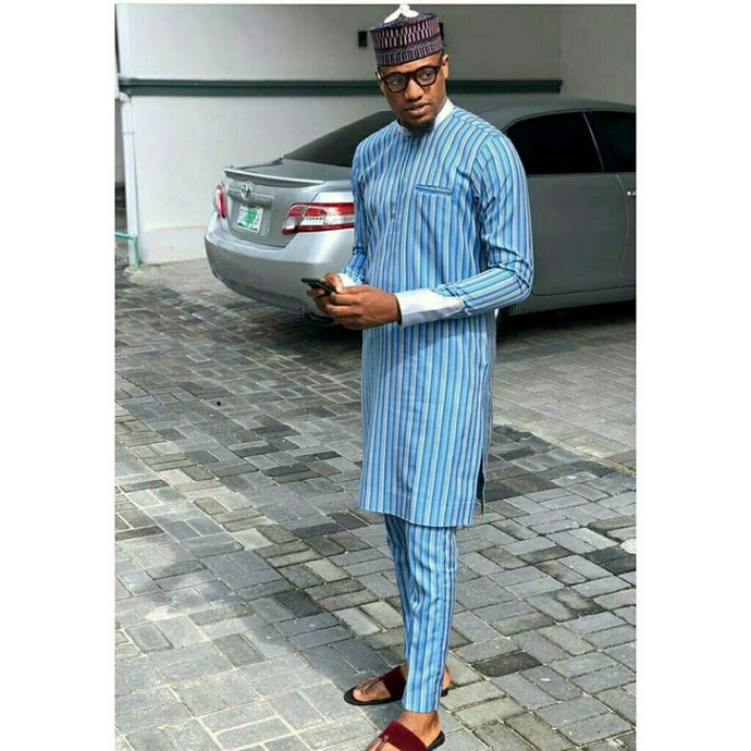 Blue Stripe African Clothing for Men| Dashiki Dress Suit| Ankara Mens Clothing| Wedding Guest Attire|  African Groom Outfit| Groomsmen Shirt
