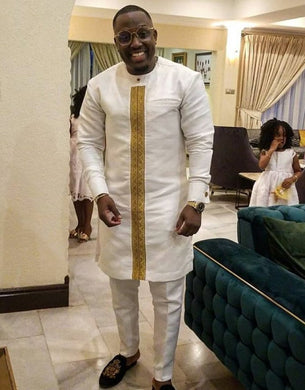 White and Gold Embroider Men's African Dashiki Clothing for Prom, Weddings and Parties | Afro Dress Shirts and Pants | Senator's