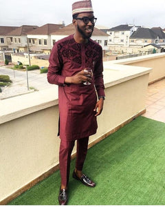 Wine African Caftan for Men| Dashiki Dress Suit| Ankara Mens Clothing| Wedding Guest Attire|  African Groom Outfit| Groomsmen Shirt