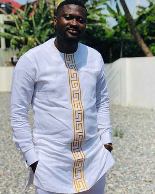 White with Gold Embroidery | Dashiki Dress Suit| Ankara Mens Clothing| Wedding Guest Attire|  African Groom Outfit| Groomsmen Shirt