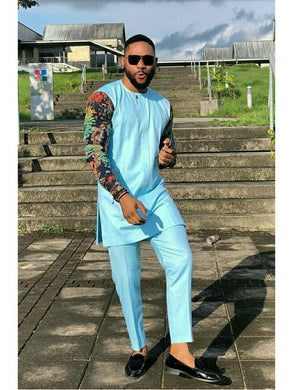 Turquoise Floral Ankara Men's African Wedding Suit| Nigeria Wedding Guest Dashiki Outfit| Ghana Groomsmen Clothing| Prom| Senators Formal