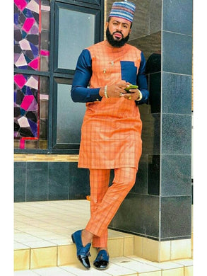 Mens African Clothing| Senator's Wear| Ankara Men's Clothing| Wedding Guest Attire|  African Groom Outfit| Groomsmen Shirt| Orange and Blue