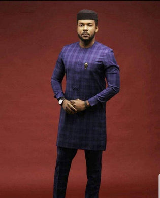 Blue Checked Kaftan/ Prom Men/ African Print Clothing/ Wedding Guest Outfit/ African Groom/ Groomsmen Suit/ Ankara/ Dashiki/ Kitenge