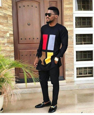 Black Patchwork Mens Kaftan/ Prom Men/ African Print Clothing/ Wedding Guest Outfit/ African Groom/ Groomsmen Suit/ Ankara/ Dashiki
