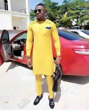 Yellow Mens Kaftan/ Prom Men/ African Print Clothing/ Wedding Guest Outfit/ African Groom/ Groomsmen Suit/ Ankara/ Dashiki/ Kitenge/ Kente
