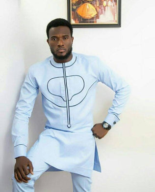 Embroidered Mens Clothing/ Prom/ African Clothing/ Wedding Guest Outfit/ African Groom/ Groomsmen Suit/ Dashiki/ Sea Blue Shirt/ His Gift