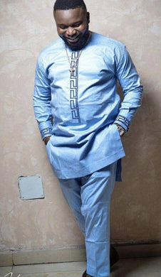 Light Blue Mens Clothing/ Prom Men/ African Print Clothing/ Wedding Guest Outfit/ African Groom/ Groomsmen Suit/ Ankara/ Dashiki/ Embroid