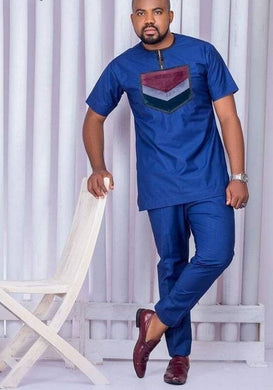 Navy blue African wedding dashiki suit for men| Quality grooms African wear kaftan| Short sleeved shirt with pants.