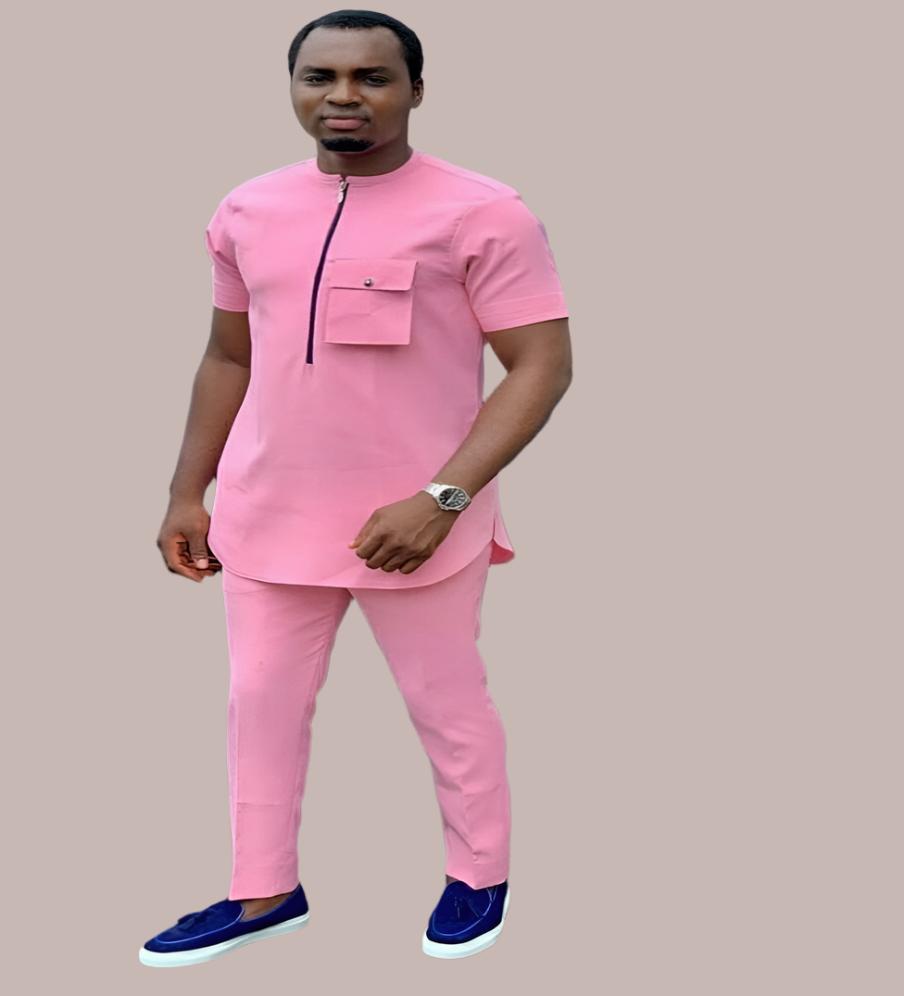 Men's African Clothing Set - Short Sleeved Shirt and Pants - Pink 001 - Cotton