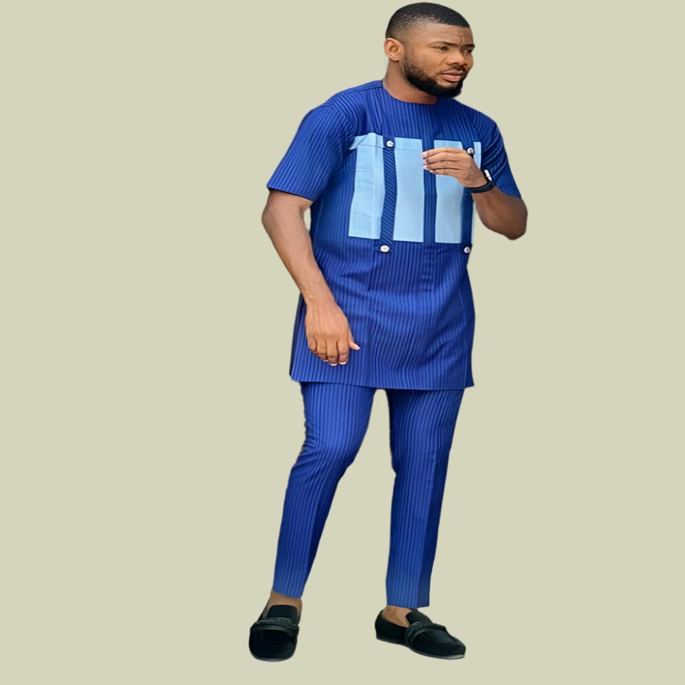 Men's African Wedding Attire - Short Sleeved Shirt and Pants - Blue 001 - Cotton