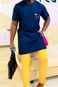 African Dashiki Clothing for Men | Blue Caftan Yellow Pants