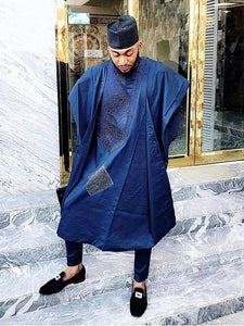 African Three-Pieces Suit | Blue Agbada Luxury Suit| Embroid Wedding Suit | Wedding Guest Clothing