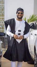 Load image into Gallery viewer, Black and White Mens Agbada Three Piece Suit
