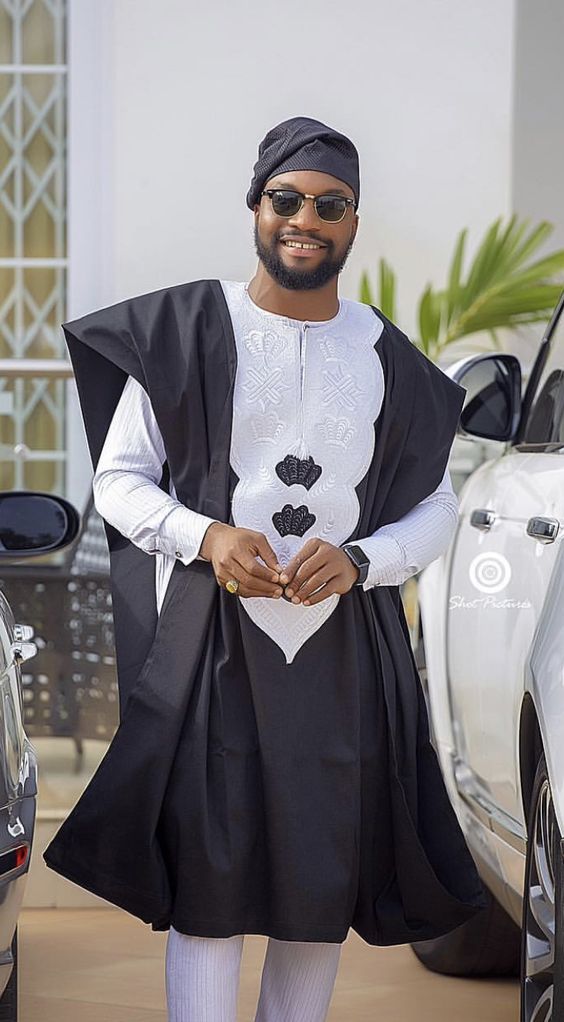 Black and White Mens Agbada Three Piece Suit