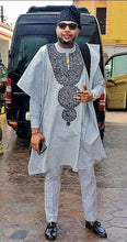 Load image into Gallery viewer, African Three-Pieces Suit | Agbada| Grey African Luxury Suit| Black Embroid Wedding Suit | Wedding Guest Clothing